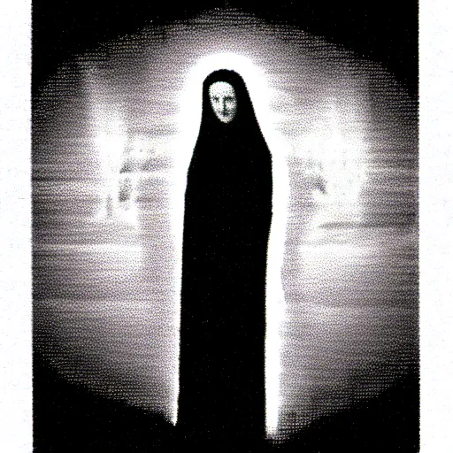 Prompt: marian apparition, found footage, vhs, 1 9 9 0, beautiful, highly realistic, highly detailed, vhs noise static, black and white, vhs glitch