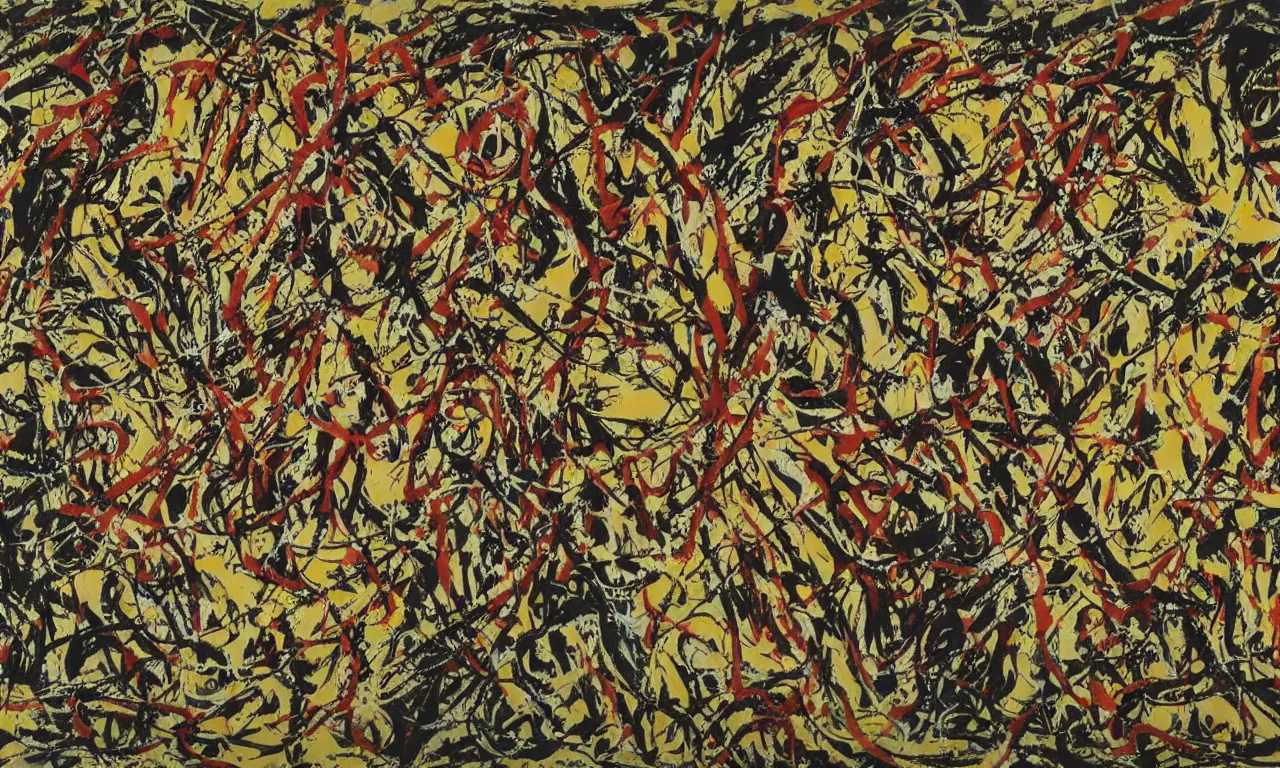 Prompt: jackson pollock painting of the assumption, acrylic on raw canvas