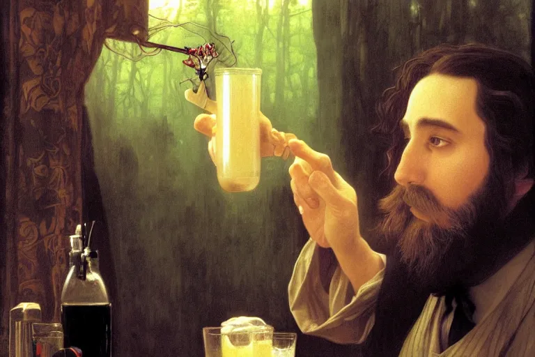 Prompt: a magician from tolkien with beautiful eyes and a full beard holding a multicolored magic drink in a bar, highly detailed painting by studio ghibli and william adolphe bouguereau, nice lighting, smooth tiny details, soft and clear shadows, low contrast, perfect