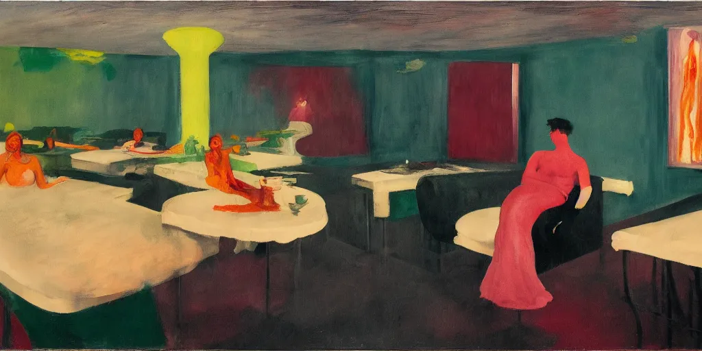 Prompt: realistic lovers collapsed in a the cafe void, alizarin curtains, spasms, college girls, couches vibrating and melting, painted by Edward Hopper, Adrian Ghenie, 8k, Peter Doig, Mark Rothko, photorealistic, polaroid, melting paint drips