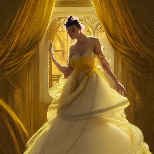 Prompt: a woman in a yellow organza dress dancing, fantasy character portrait, ultra realistic, intricate, elegant, highly detailed, digital painting, artstation, smooth, sharp, focus, illustration, art by artgerm and greg rutkowski and alphonse mucha,