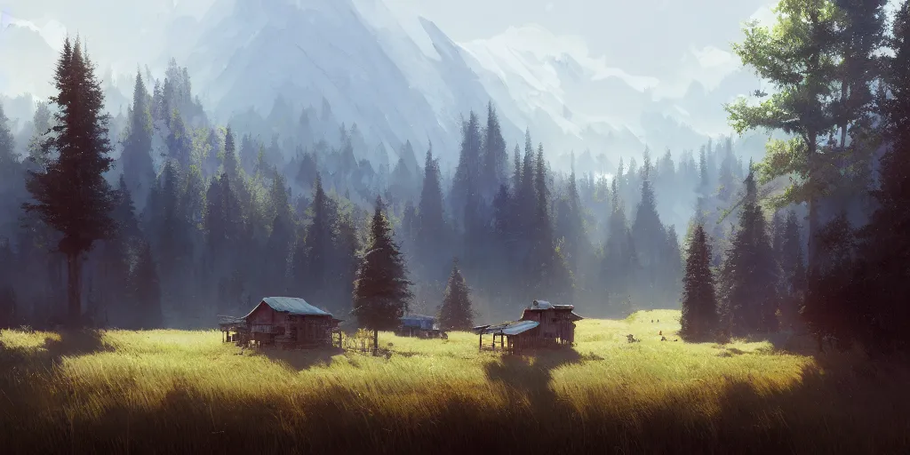 Prompt: mountainous forested wilderness open fields, beautiful views, painterly concept art, joanna gaines, environmental concept art, farmhouse, magnolia, concept art illustration by ross tran, by james gurney, by craig mullins, by greg rutkowski trending on artstation