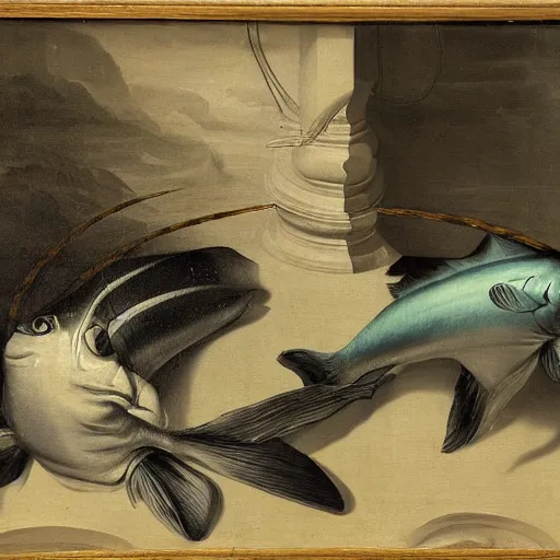 Image similar to two fishes talking to eachother in deep sea, art by pieter claesz