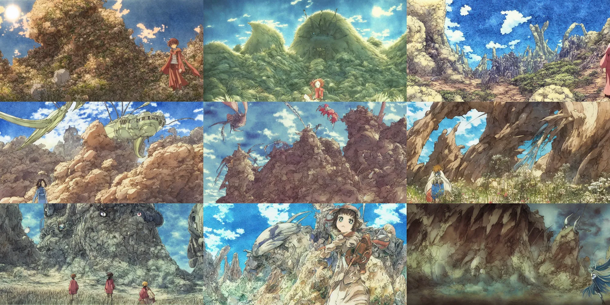 Prompt: anime movie screenshot, paper texture, ( ( watercolor ) ) by ( ( ( ( yoshitaka amano ) ) ) ), by ghibli!!! nausicaa!!!, desert!!!!, rim light, dappled light, scenic, miyazaki, vibrant, dof, motion, airship, flying beetles