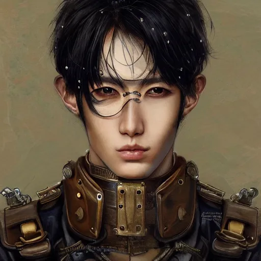 Prompt: portrait of a man by ayami kojima, korean, he is about 2 0 years old, short black hair with bangs, very tall and slender, smart looking, he is wearing a steampunk tactical gear, highly detailed portrait, digital painting, artstation, concept art, smooth, sharp foccus ilustration, artstation hq