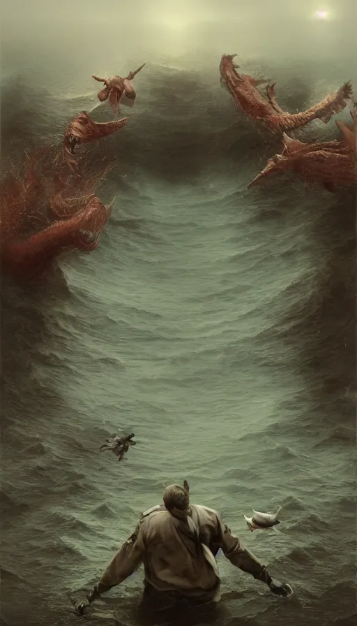 Image similar to man on boat crossing a body of water in hell with creatures in the water, sea of souls, by jeremy geddes