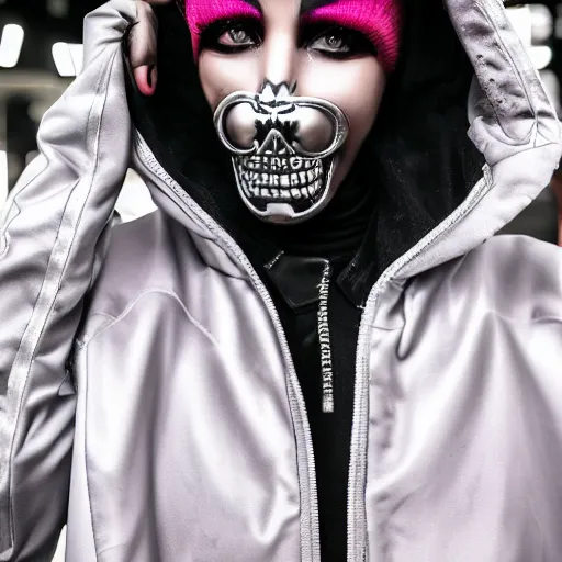 Prompt: very cool girl brilliant silver hair girl with a skull shaped ballistic face mask streetwear techwear cyberpunk style outfit full body nose piercing detailed portrait intricate comp