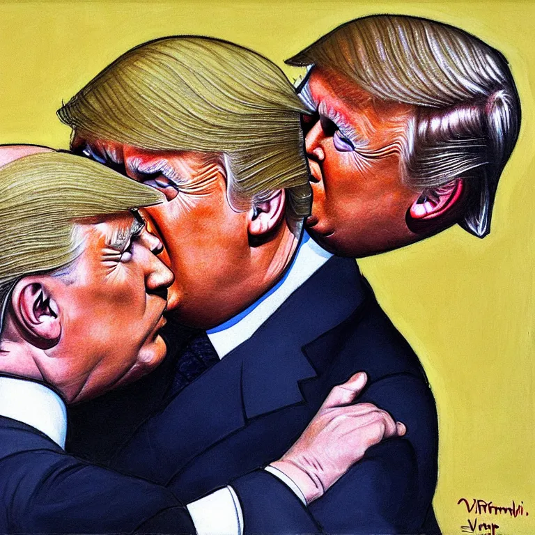 Prompt: putin and trump ftaternal kiss, art by dmitri vrubel