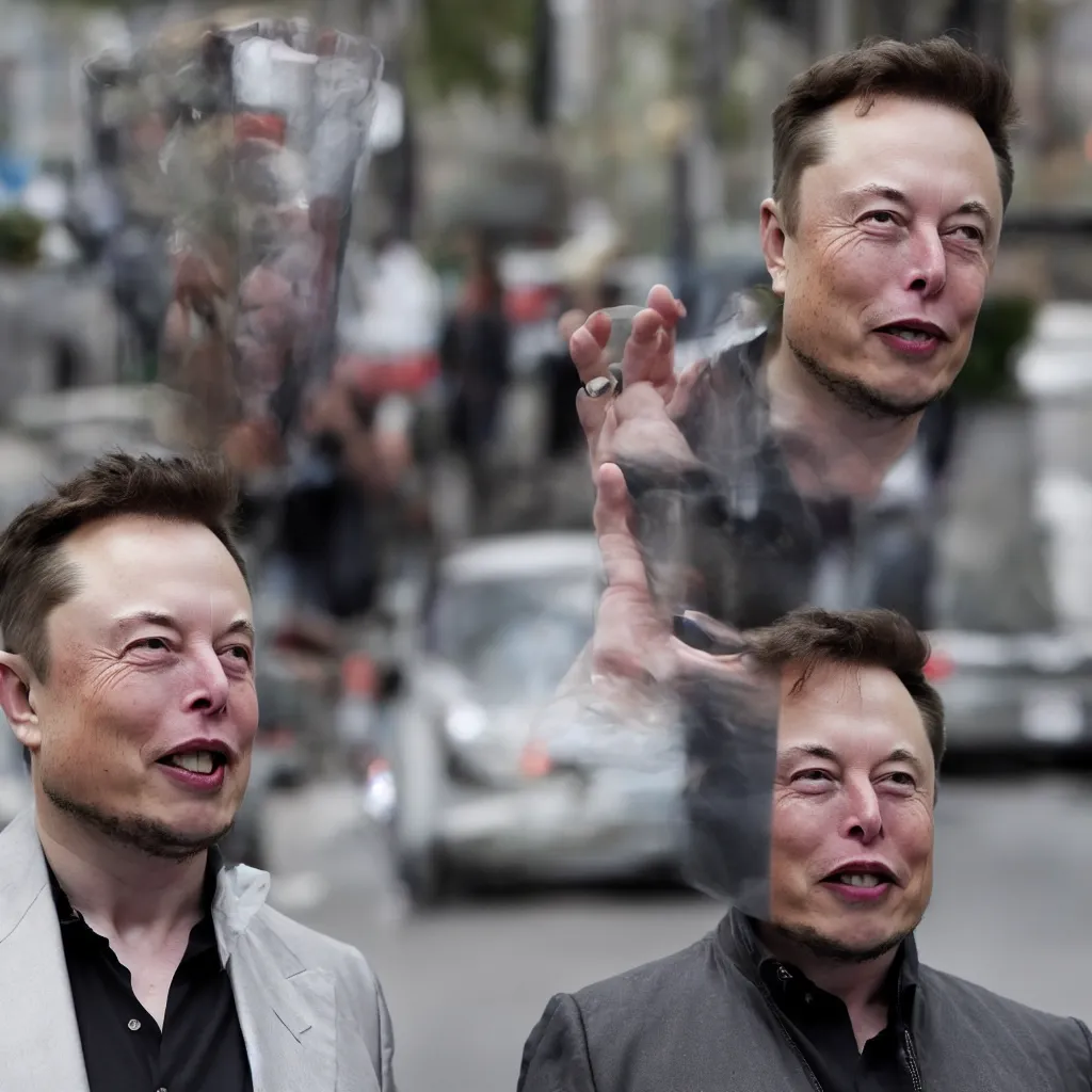 Image similar to elon musk with a giant head, street photo. 4k