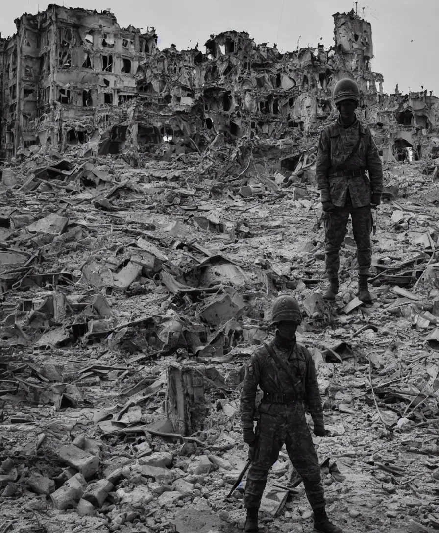 Prompt: Photograph of a soldier in the battle of Kiev standing in font of bombed out buildings. It is twilight and rockets are flying overhead. The year is 2023.