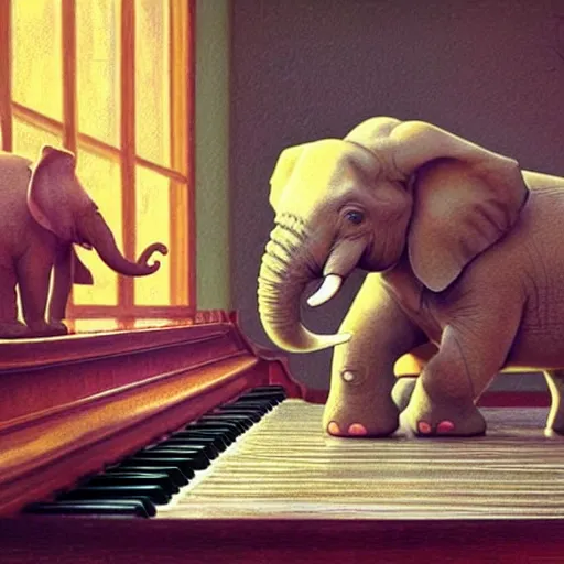 Image similar to An elephant playing the piano for other animals in a bar, details, smooth, sharp focus, illustration, realistic, cinematic, artstation,, award winning, artwork by Akira Toriyama