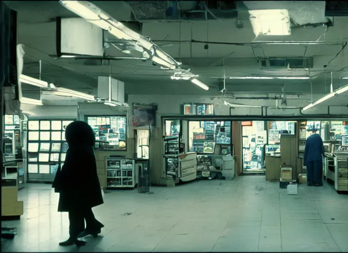 Prompt: cinematic shot of backlit windows of a narrow used electronics store where octavia spencer looks for an old synthesizer in the cramped messy aisles,, iconic scene from the paranoid thriller sci fi film directed by stanley kubrick, set in the near cyberpunk future, anamorphic cinematography, beautiful composition, color theory, leading lines, photorealistic, volumetric lighting