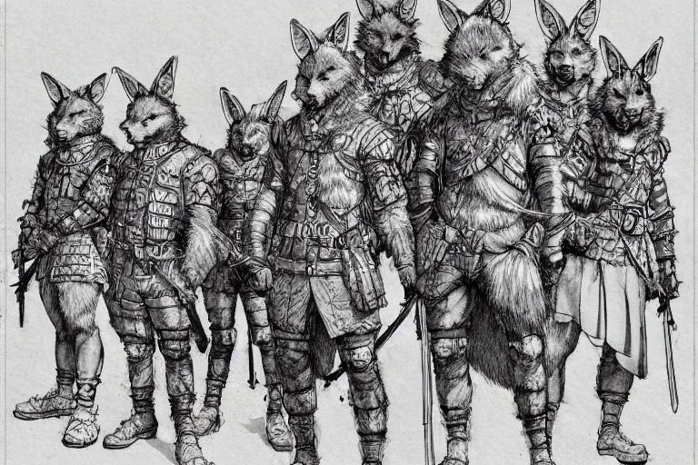 Image similar to pen and ink study of a group of furry soldiers with animal ears in a in a late renaissance city, key visual with intricate linework, in the stlye of kim jung gi and moebius