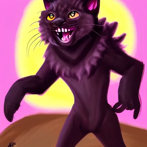 Image similar to A black furred dwarf tabaxi, wearing pink flip flops, laughing maniacally as he casts a magic spell, trending on art station, dungeons and dragons