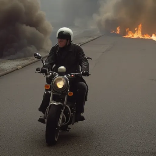 Prompt: roger deakins cinematography of a motorcycle driving through ruined streets set ablaze