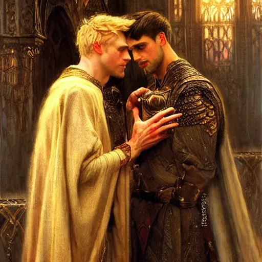 Image similar to handsome arthur pendragon in love with handsome merlin the mage. merlin is also in love with arthur. highly detailed painting by gaston bussiere, craig mullins, j. c. leyendecker