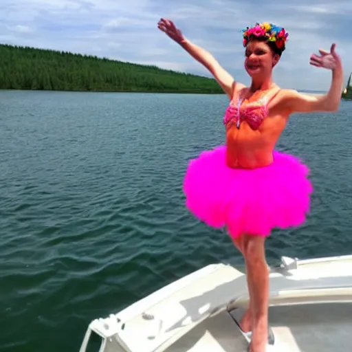 Image similar to ( ( green putin wearing a pink tutu ) ), on a boat on a lake