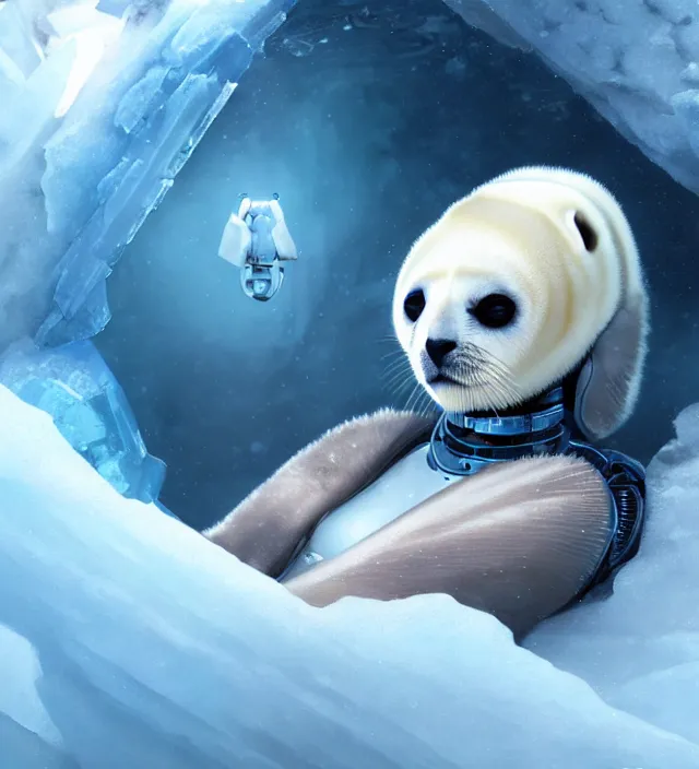 Prompt: portrait of a cyborg robot baby harp seal emerging from from an ice river, cinematic lighting, photorealistic, octane render, 8 k, depth of field, art by artgerm and greg rutkowski and alphonse mucha and uang guangjian