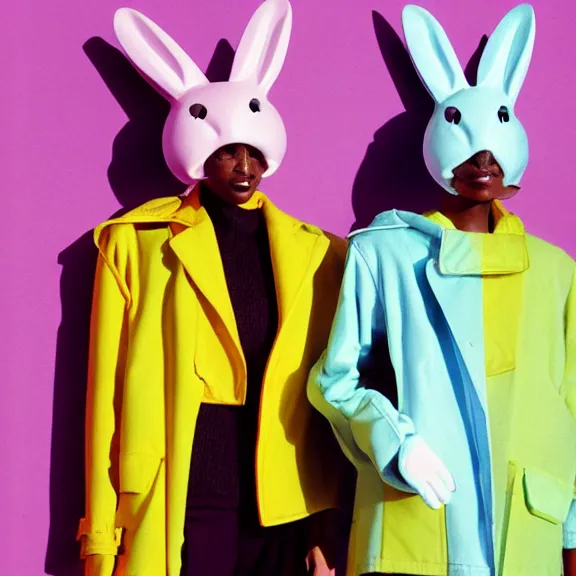 Prompt: two models in plastic bunny masks wearing baggy colorful 9 0 s jackets by rick owens. magazine ad. pastel brutalist background.