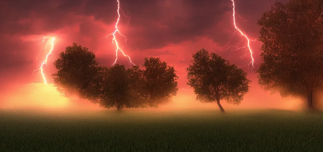 Prompt: a beautiful picture of a close lightning striking a tree, sunset, orange sky, rain, serene, volumetric lighting, volumetric clouds, 8 k, hyperrealistic, digital art trending on artstation