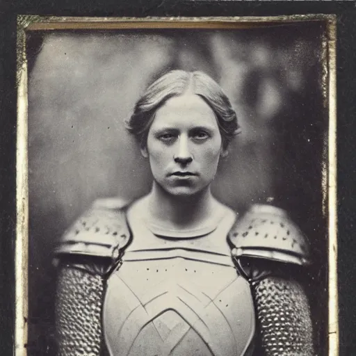 Image similar to tintype photo of brienne of tarth, wearing armor, by julia margaret cameron 1 8 8 0 s, realistic, body shot, sharp focus, 8 k high definition, insanely detailed, intricate, elegant