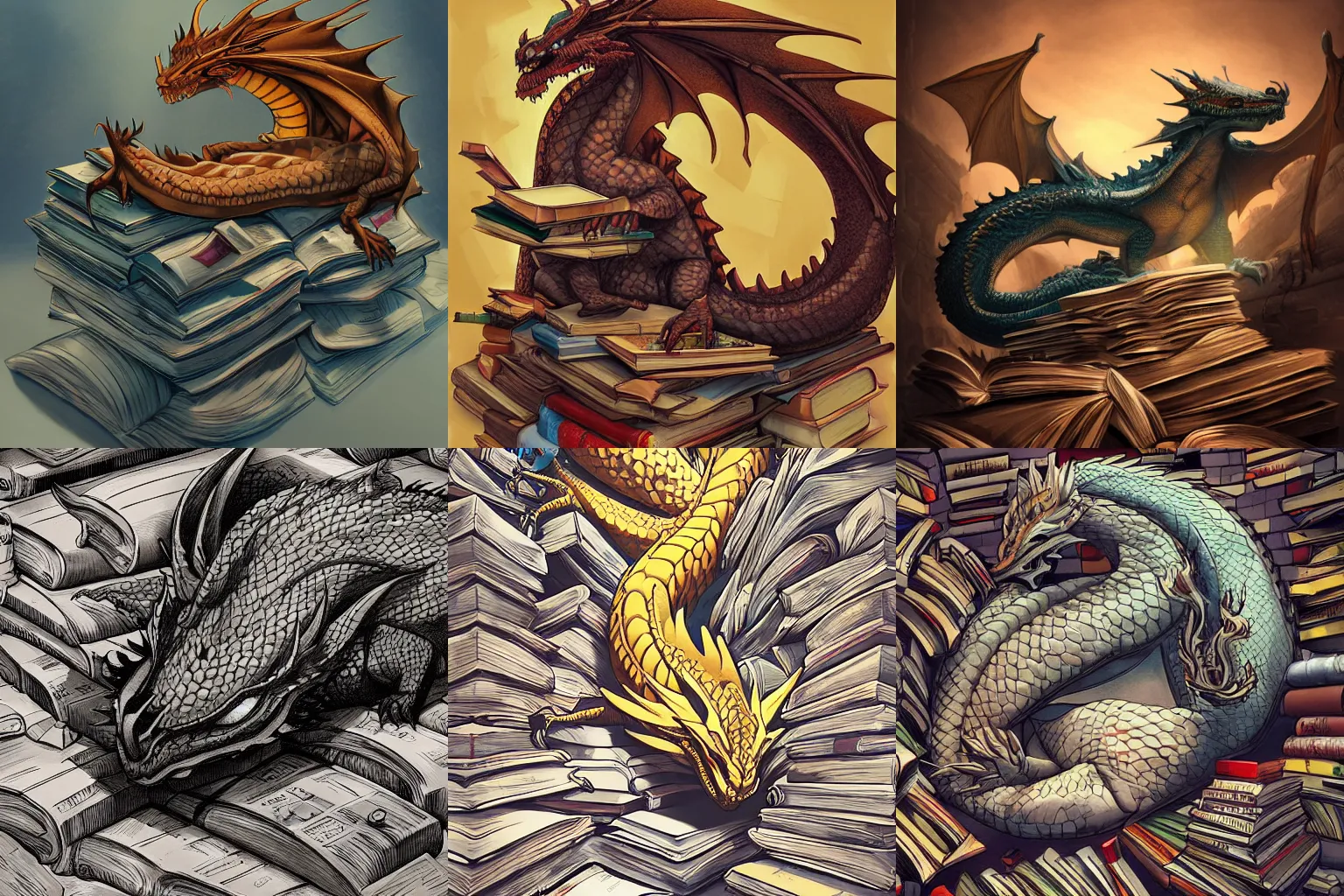 A huge dragon sleeping on a hoard of books, by Frank, Stable Diffusion