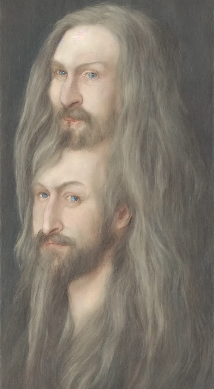 Image similar to a man with long blue hair and a goatee : : human face, blue eyes, pale skin, smiling slightly, looking towards camera : : portrait : : photorealistic