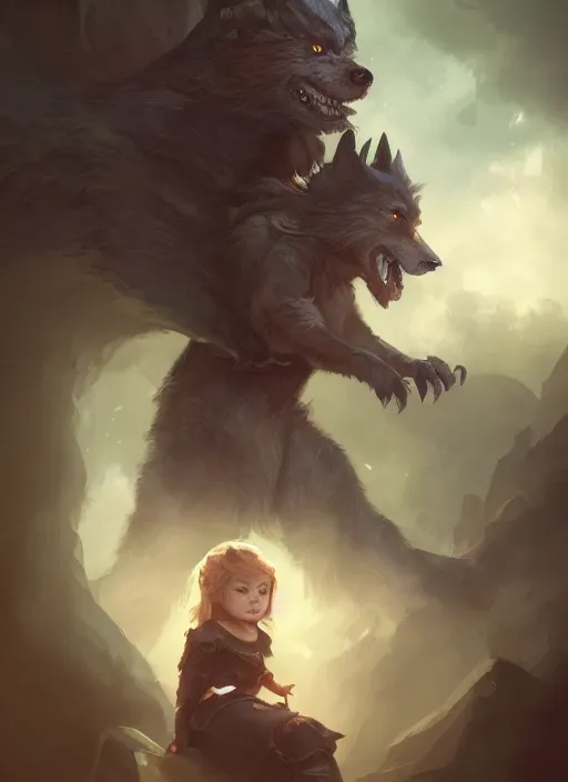 Image similar to a small girl mage sitting on the shoulder of a werewolf guardian, ultra detailed, fantasy, dramatic lighting, trending on artstation, award - winning, artgerm and greg rutkowski, 8 k