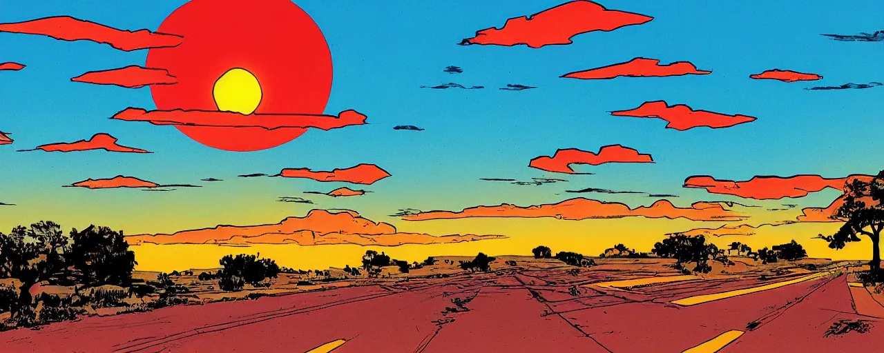 Image similar to sunset on highway beautiful sky southwest graphic novel illustration by frank miller
