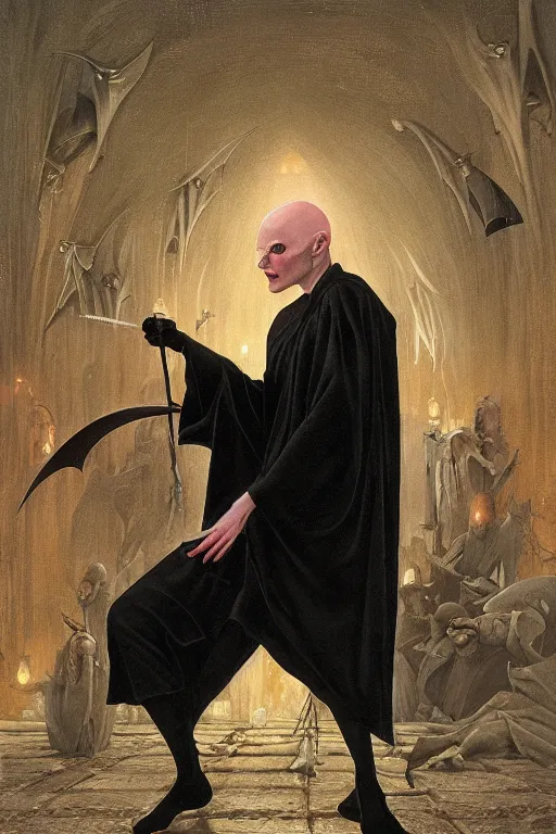 Prompt: a bald vampire wearing a long black robe with large bat ears huge black eyes and gray skin, character art, painting by james c christensen