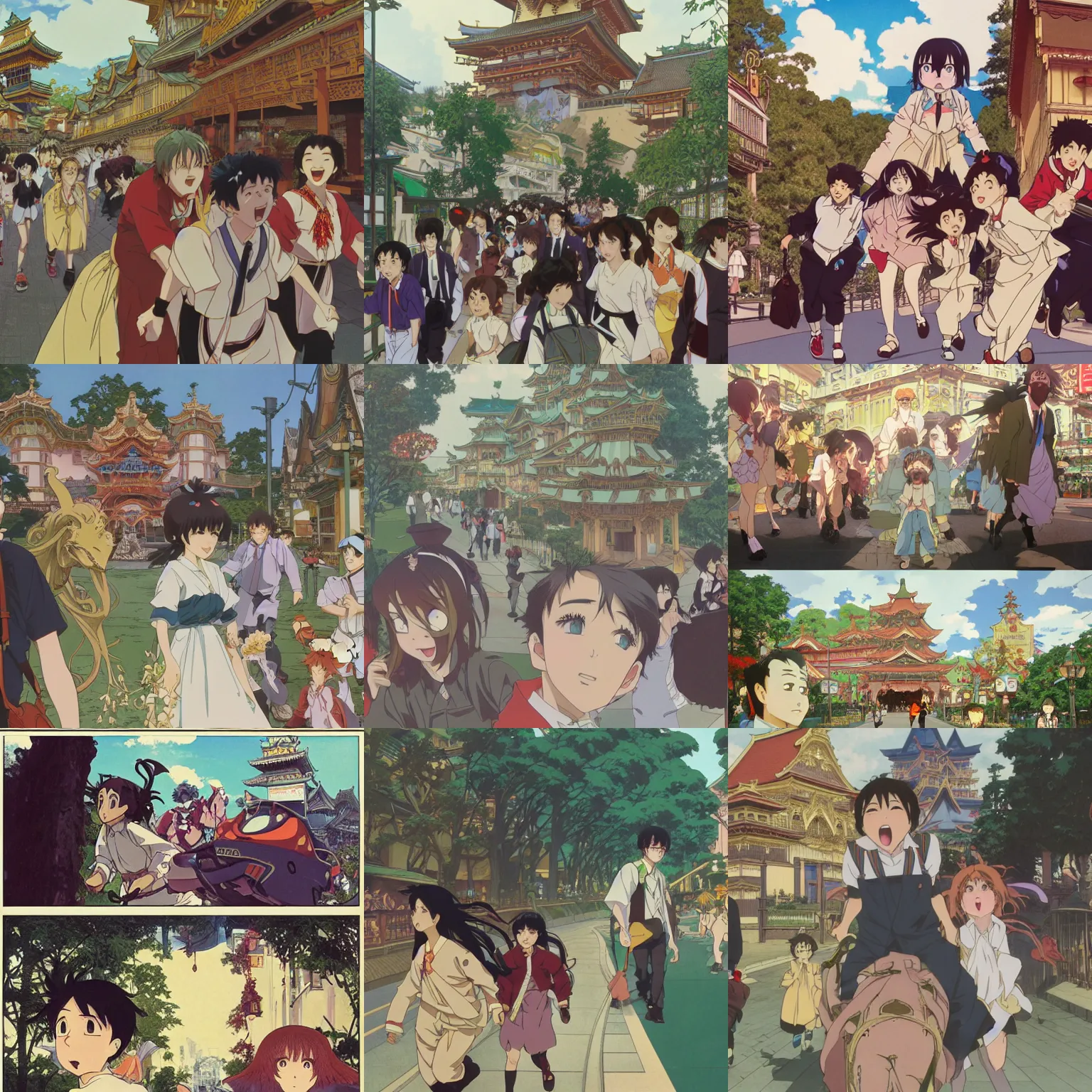 Prompt: Theme park mascot chasing terrified tourists, horror, defined facial features, highly detailed, official Kyoto Animation and Studio Ghibli anime screenshot, by Ilya Kuvshinov and Alphonse Mucha