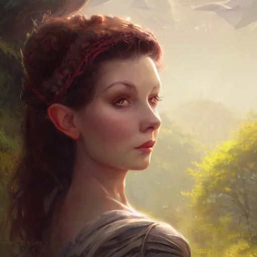 Image similar to closeup portrait of a young vivian leigh, forest background, elf ears, megacity, high fantasy, gorgeous view, depth, high detail, digital art, painted by greg rutkowski, trending on artstation