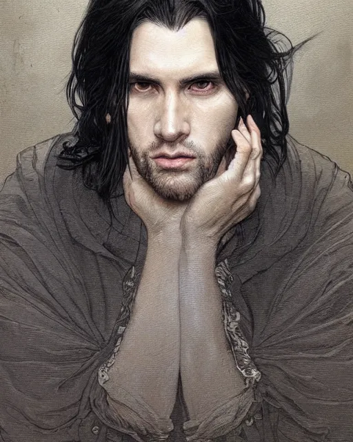 Image similar to portrait of tall, 3 3 - year - old handsome man with long dirty black hair, and grey eyes, wearing black clothes, clear face, hyper realistic face, beautiful eyes, close up, fantasy art, in the style of greg rutkowski, intricate, alphonse mucha, hyper detailed, smooth