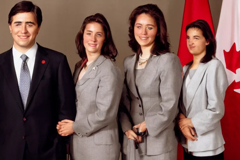 Image similar to full body official photo portrait of a young handsome canadian prime minister and his two lawyer girlfriends