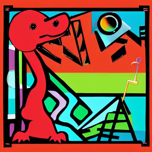 Prompt: “dinosaur singing karaoke minimalism abstract art geometric shapes digital art matisse”