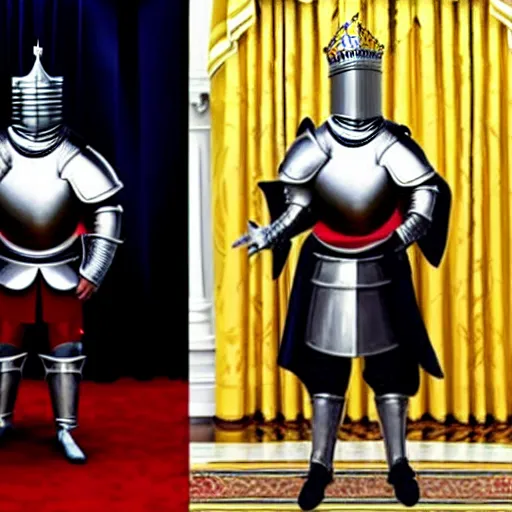 Prompt: full - body - front - shot, donald trump wearing knight'armor, crown, renaissance painting of a knight,