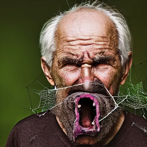 Prompt: National Geographic photo of angry old man with spiders in his mouth