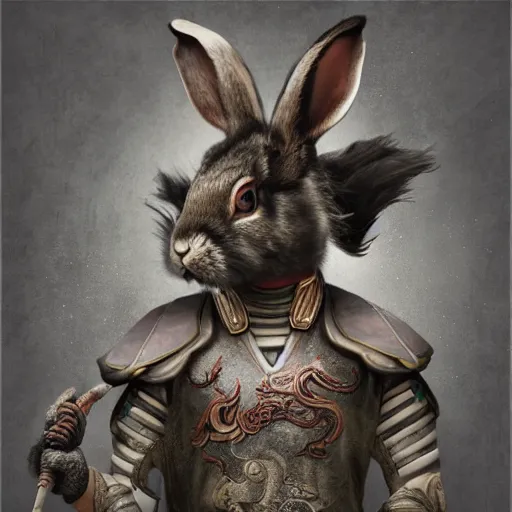 Prompt: The Chinese Zodiac sign of rabbit warrior, traditional Chinese textures, hyper detail, Unreal engine,Octane render, by Brooke Shaden