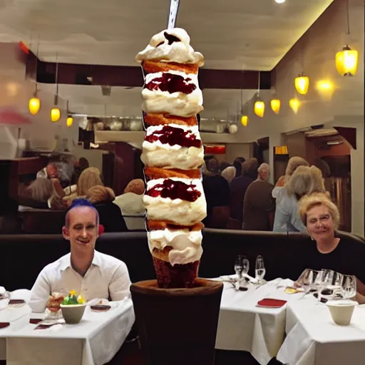 Image similar to 6 ft tall sundae trifle in restaurant, surrounded by customers, flash photography