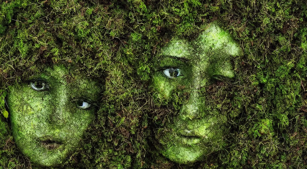 Image similar to Moss-covered Gaia goddess shedding a single tear