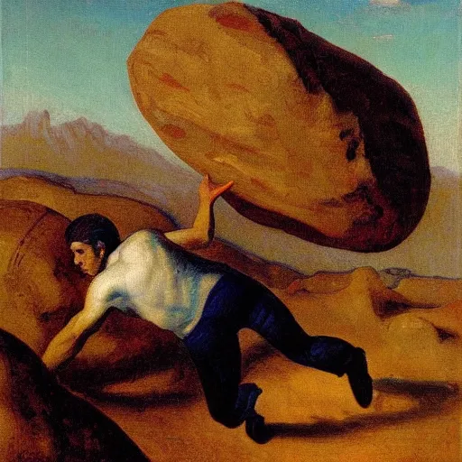 Image similar to a painting of benjamin netanyahu as sisyphus, carrying large boulder on shoulders, mountain background, by franz stuck