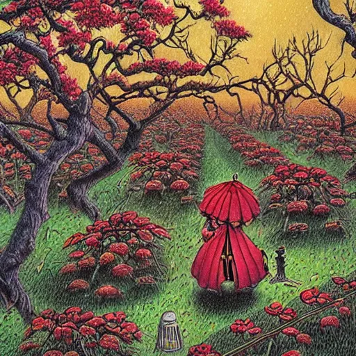 Image similar to warm red, steampunk eclectic, shadowy by shotaro ishinomori, by todd schorr. a beautiful drawing depicting a farm scene. the drawing shows a view of an orchard with trees in bloom.