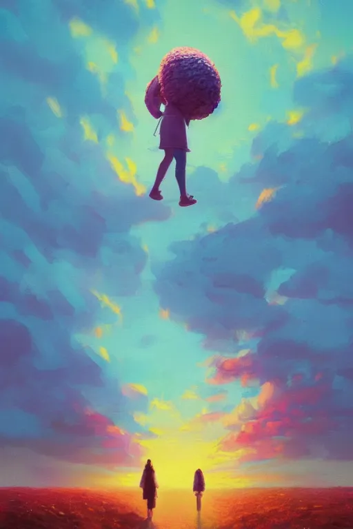 Image similar to giant corn flower head, girl walking on the moon, surreal photography, sunrise, dramatic light, impressionist painting, colorful clouds, digital painting, artstation, simon stalenhag