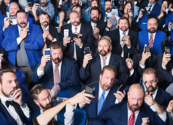 Prompt: dslr photo still of infowars host alex jones in a blue suit fat beard and mustache sitting depressed in a room filled to the ceiling with cell phones stacks of cell phones cell phones stacks cell phones filling the entire room, 5 2 mm f 5. 6