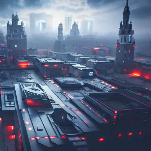 Prompt: Futuristic Cyberpunk Cracow town Poland from future star wars, dramatic lighting , insanely detailed, art station, 8K HD resolution , dramatic lighting, thunders