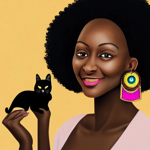 Image similar to an adult black woman, light skin, colorful ornate earrings, curly 3 c black hair, smile on her face, brown eyes, holding her small black bombay cat in the style of alex grey, trending on art station 8 k