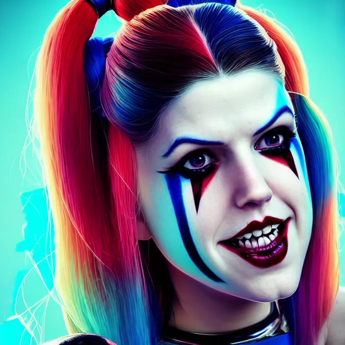 Image similar to portrait of Anna Kendrick as harley quinn. intricate abstract. intricate artwork. by Tooth Wu, wlop, beeple, dan mumford. octane render, trending on artstation, greg rutkowski very coherent symmetrical artwork. cinematic, hyper realism, high detail, octane render, 8k, iridescent accents