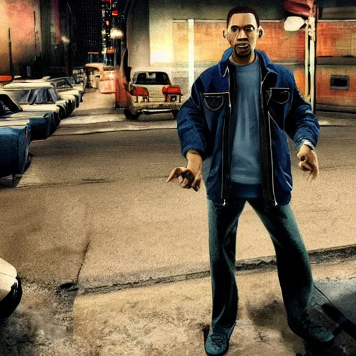 Prompt: film still of will smith dressed like niko bellic (character from Grand Theft Auto IV), photorealistic