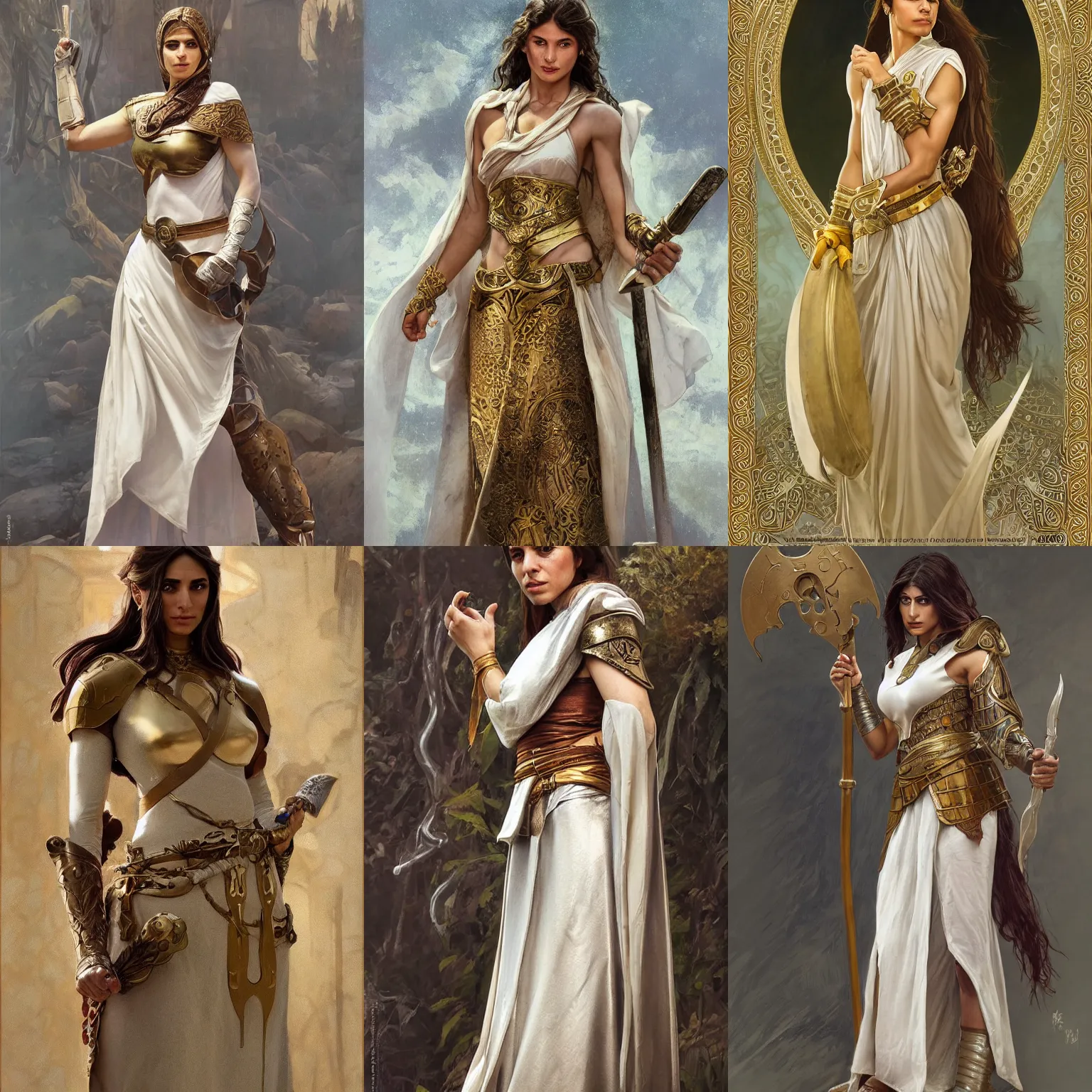 Prompt: portrait of strong iranian woman wearing a toga. smooth simple silver and bronze armour, deep focus d & d fantasy, elegant porcelain skin highlights, freckles, by darrell k. sweet and edd cartier, greg rutkowski and alphonse mucha