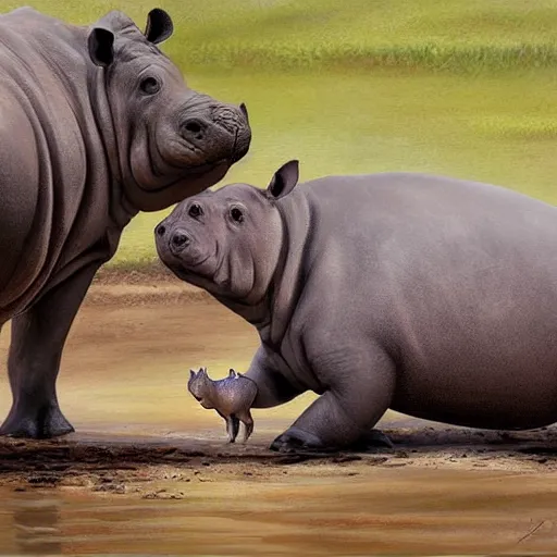 Image similar to animal friends baby hippo and baby rhino playing together in the mud detailed painting 4k in the style of mark brooks